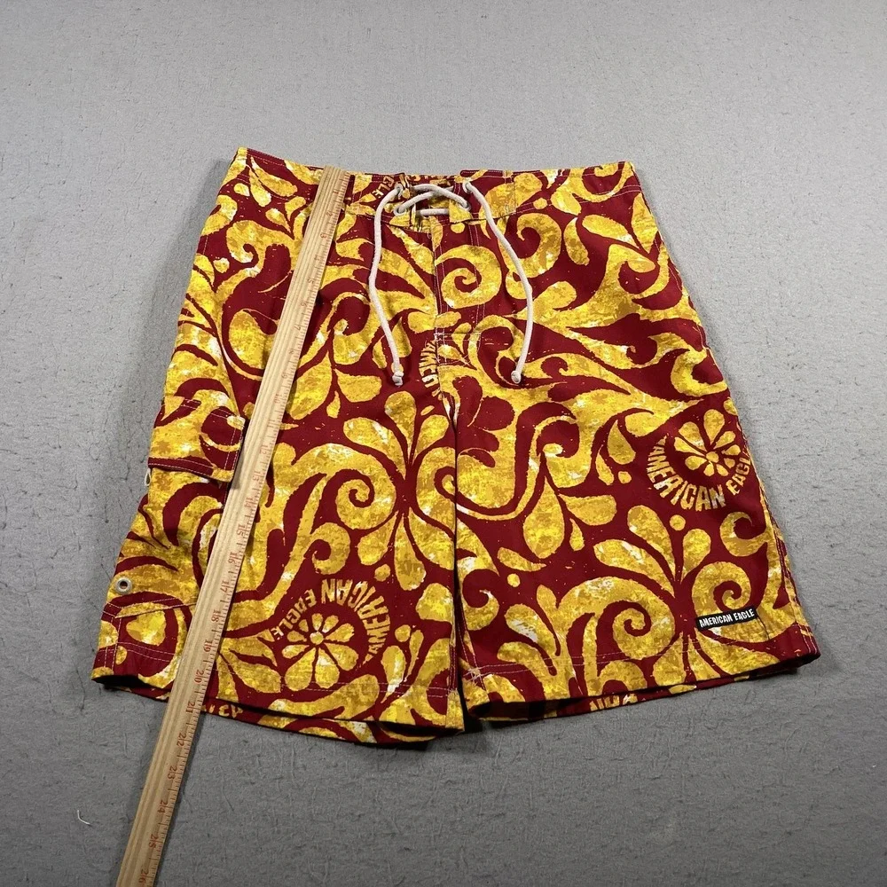 American Eagle Swim Shorts Men 31 Surf Board Trunks Floral Drawstring Mesh Y2K